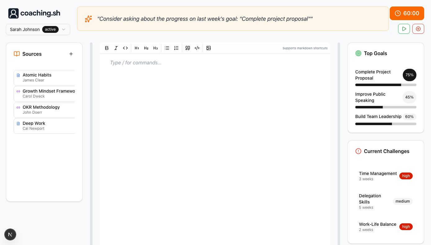 coaching.sh interface showing real-time session co-pilot with AI suggestions, sources panel with coaching frameworks, goal tracking, and current challenges dashboard